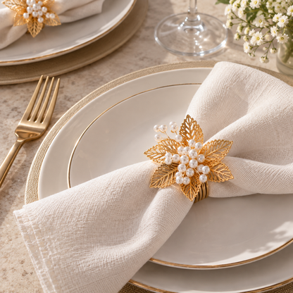 Sajja Kreation Blush Bloom Floral Napkin Rings with Beaded & Gold-Tone Detailing – Set of 6