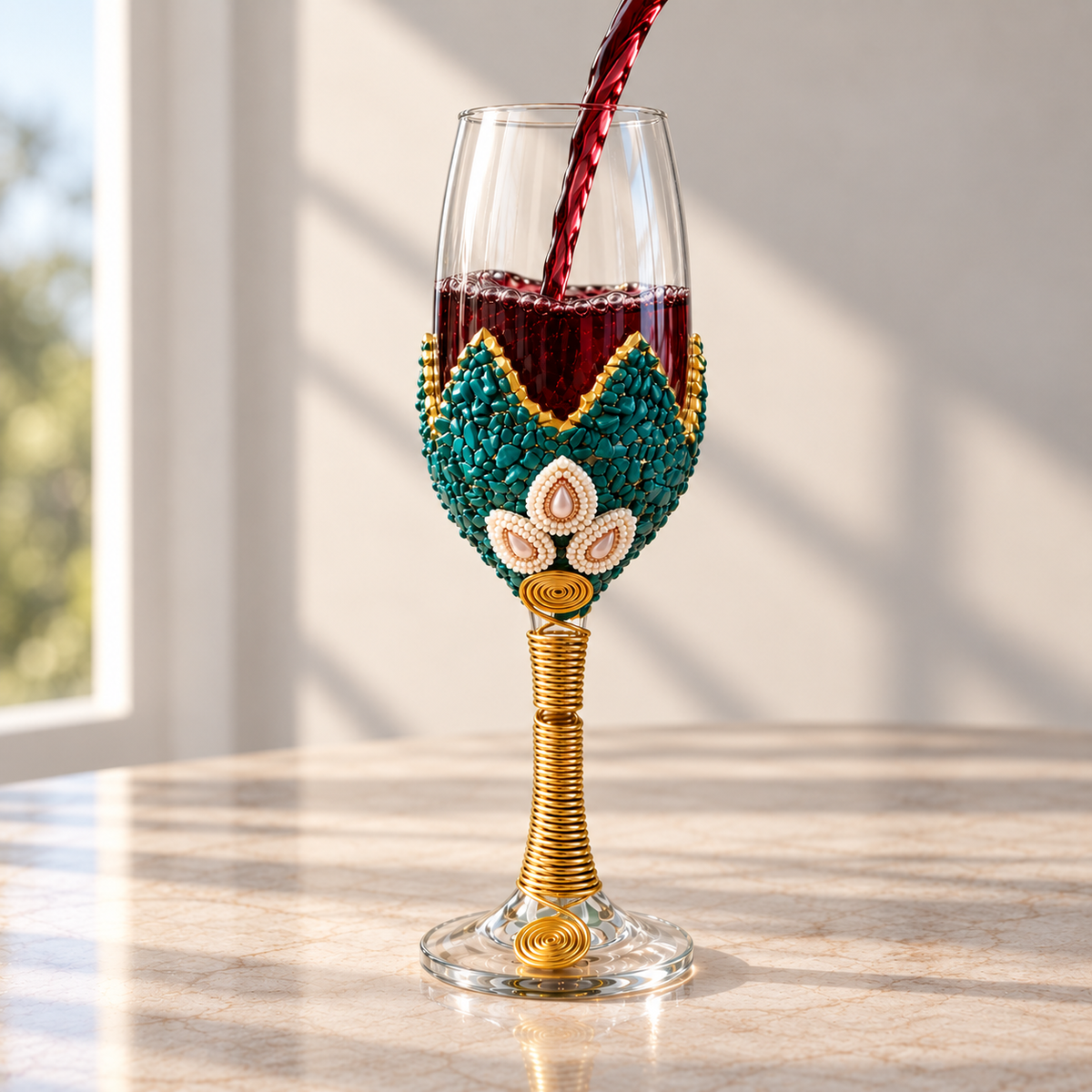 Handcrafted Wine Glass Set of 6 – Decorative Gold & Teal Design
