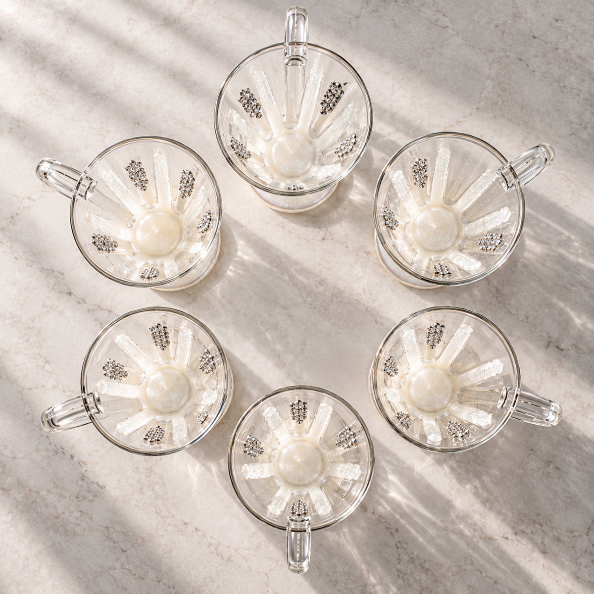 Handcrafted Tea & Coffee Cups Set of 6 with Pearlescent Accents & Crystal Embellishments