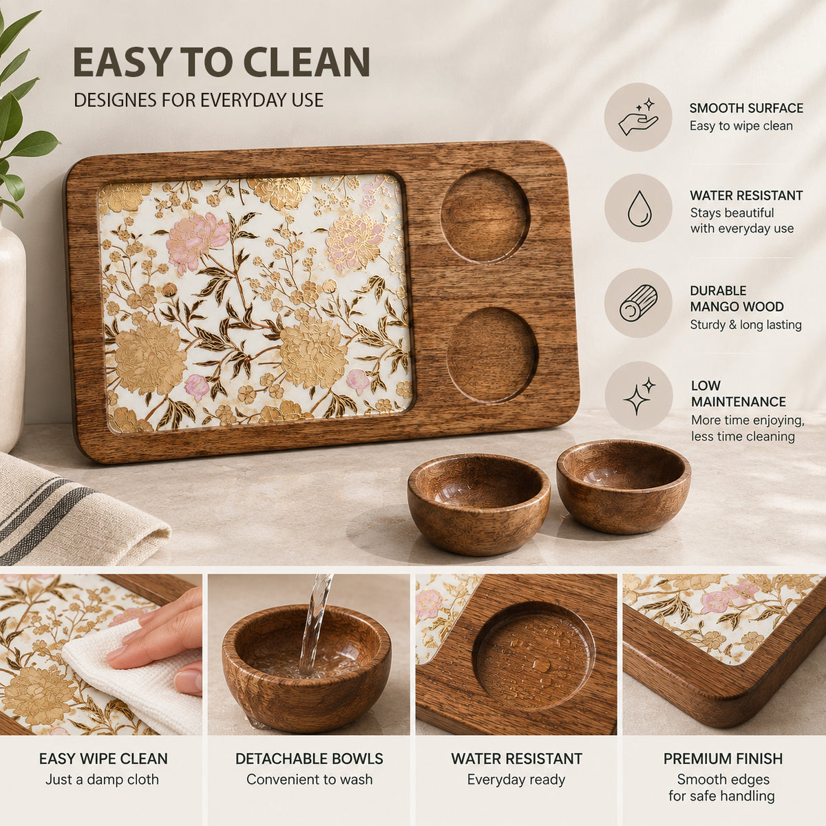 Handcrafted Mango Wood Snacks Platter with 2 Bowls
