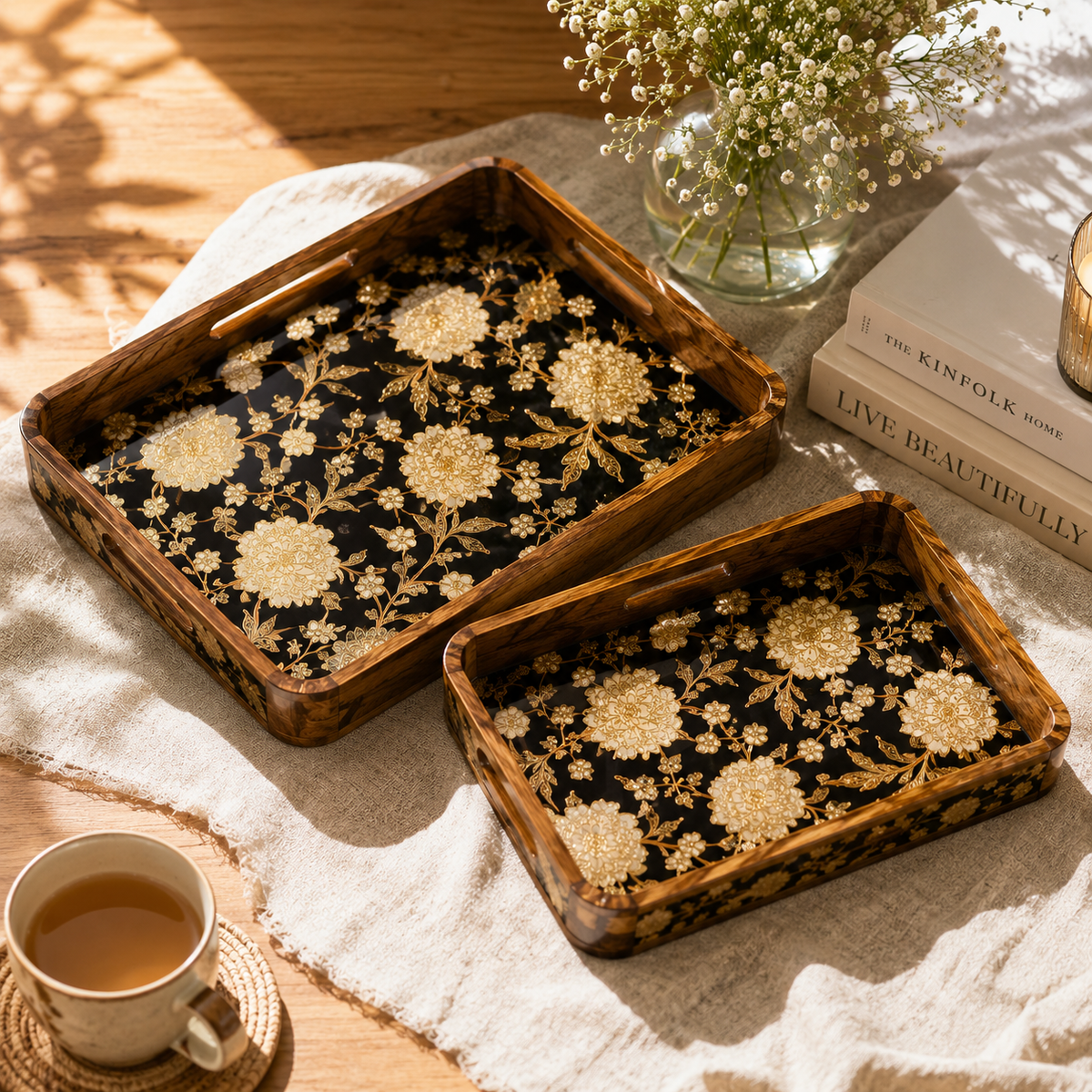 Luxury Mango Wood Serving Tray with Elegant Floral Design