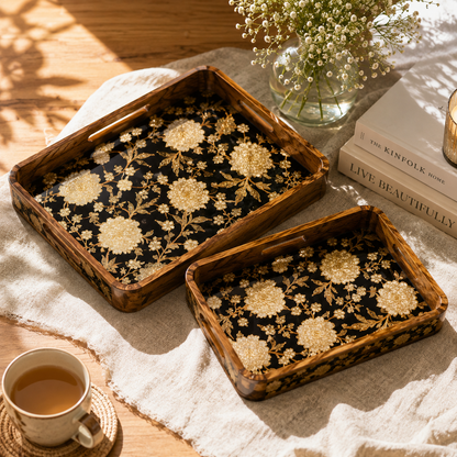 Luxury Mango Wood Serving Tray with Elegant Floral Design