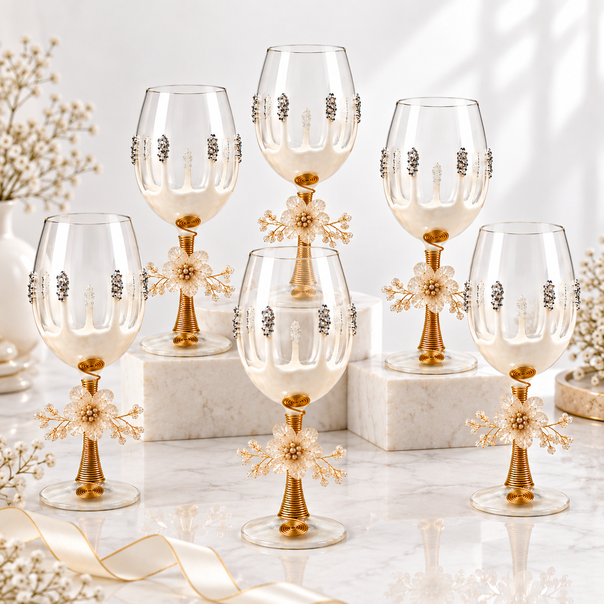 Sajja Kreation Handcrafted Wine Glass Set of 6 with Floral Pearl & Resin Detailing