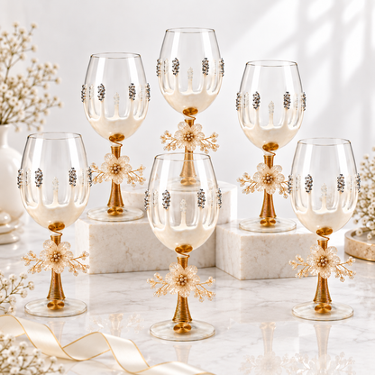 Sajja Kreation Handcrafted Wine Glass Set of 6 with Floral Pearl & Resin Detailing