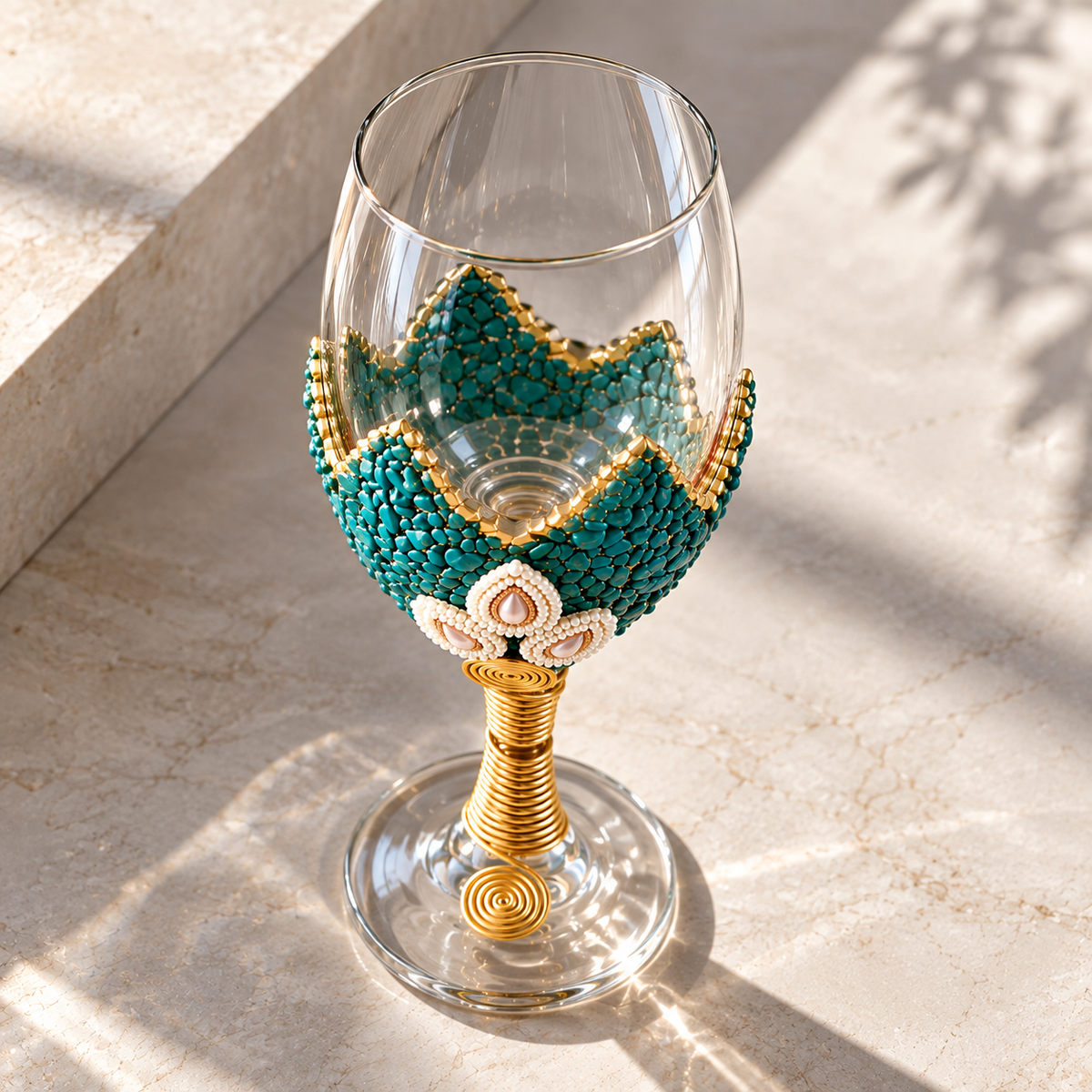 Handcrafted Wine Glass Set of 6 – Decorative Gold & Teal Design