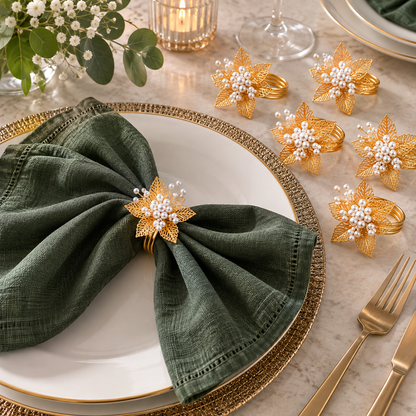 Sajja Kreation Blush Bloom Floral Napkin Rings with Beaded & Gold-Tone Detailing – Set of 6