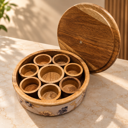 Handcrafted Mango-Wood Masala Box with Removable Spice Containers