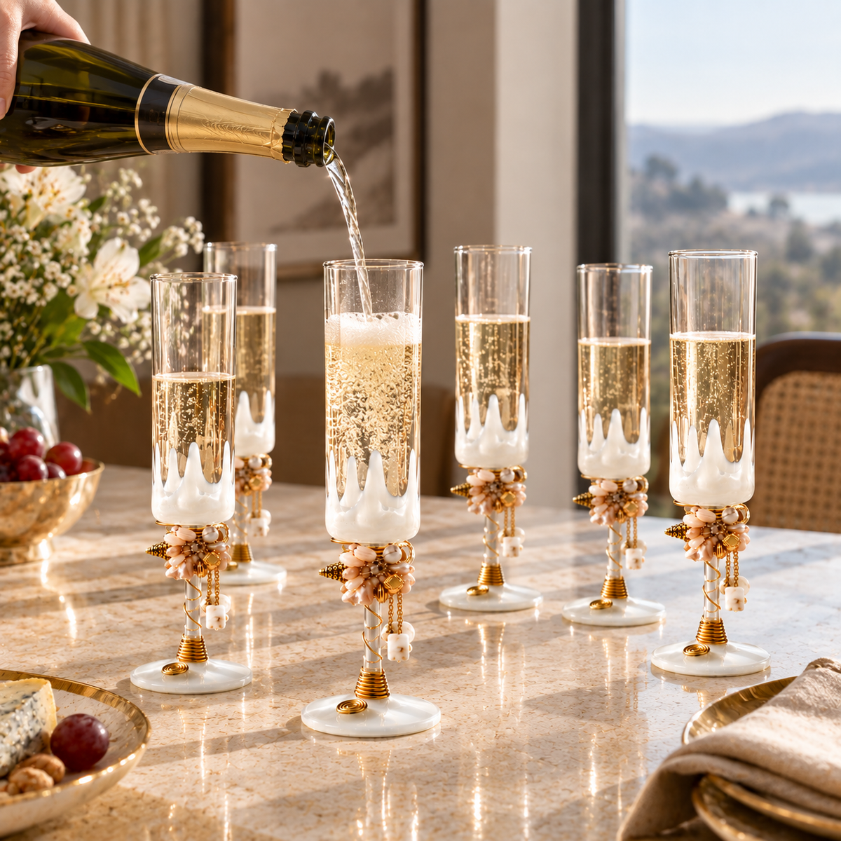 Sajja Kreation Handcrafted Pearl Accent Champagne Flute Set of 6