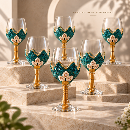 Handcrafted Wine Glass Set of 6 – Decorative Gold & Teal Design