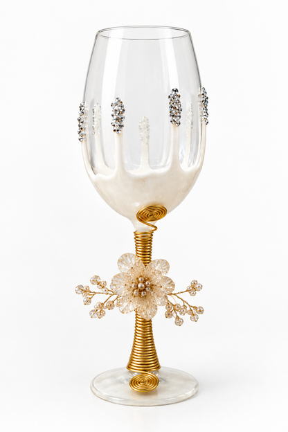 Sajja Kreation Handcrafted Wine Glass Set of 6 with Floral Pearl & Resin Detailing