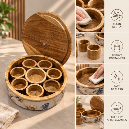 Handcrafted Mango-Wood Masala Box with Removable Spice Containers