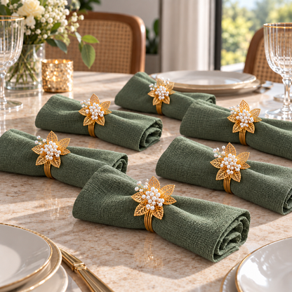 Sajja Kreation Blush Bloom Floral Napkin Rings with Beaded & Gold-Tone Detailing – Set of 6
