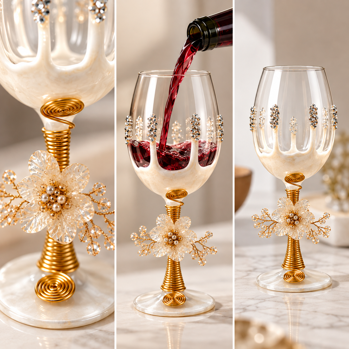 Sajja Kreation Handcrafted Wine Glass Set of 6 with Floral Pearl & Resin Detailing
