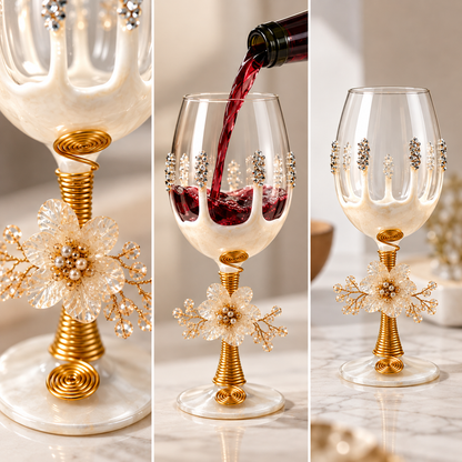 Sajja Kreation Handcrafted Wine Glass Set of 6 with Floral Pearl & Resin Detailing