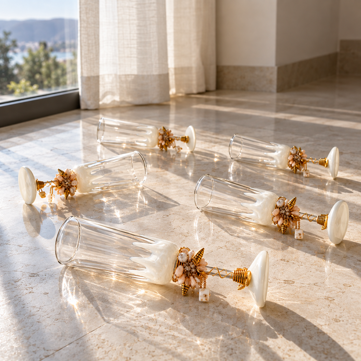 Sajja Kreation Handcrafted Pearl Accent Champagne Flute Set of 6