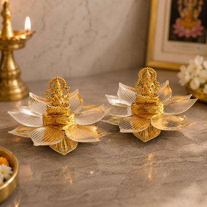 Lakshmi & Ganesha German Silver Lotus Decorative Gift Set with Velvet Box