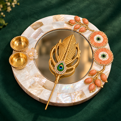 Sajja Kreation Decorative Tilak Platter with Mirror, Peacock Applicator & Kumkum Bowls