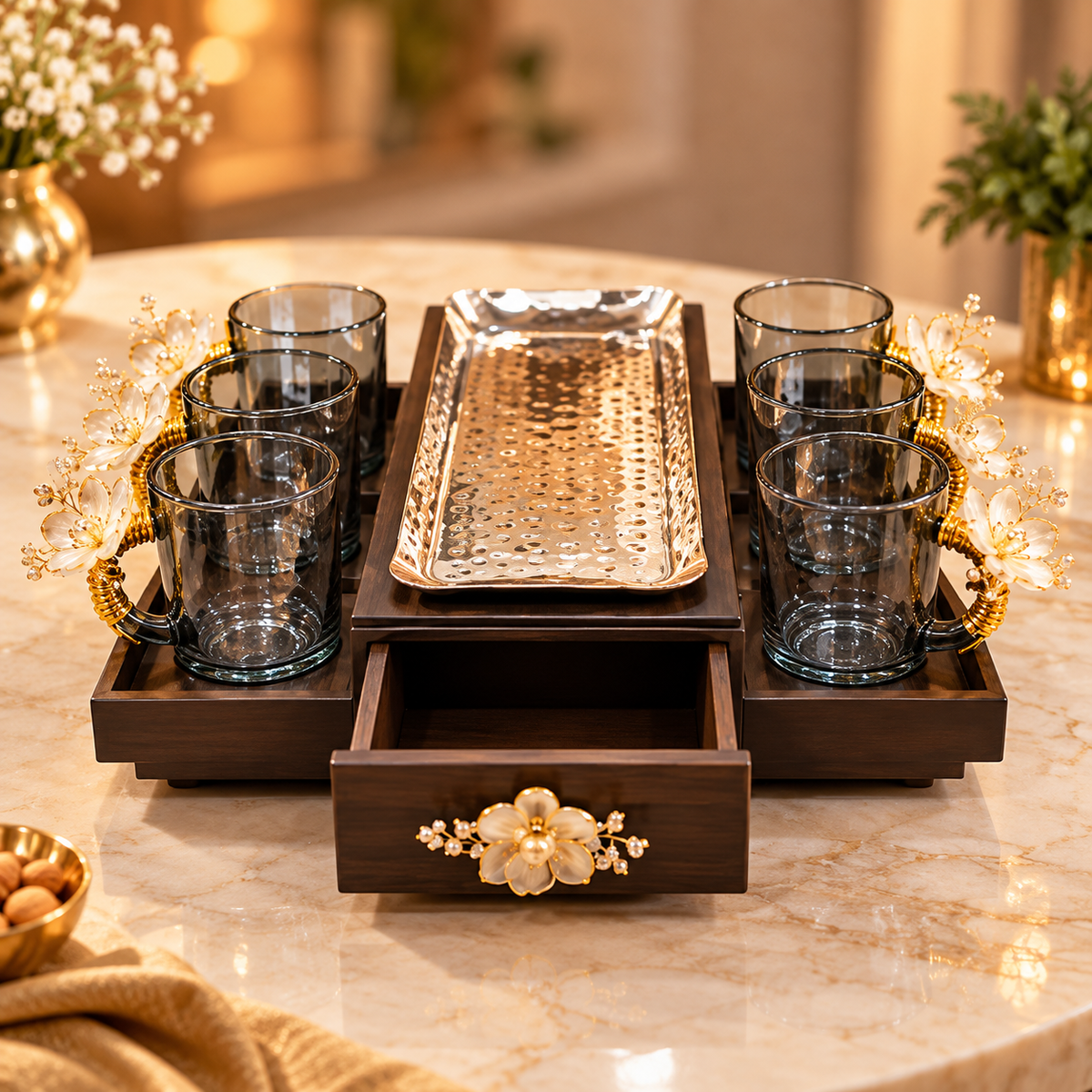 Golden Bloom Tea Cup Set – 6 Glass Cups with Wooden Serving Tray & Drawer