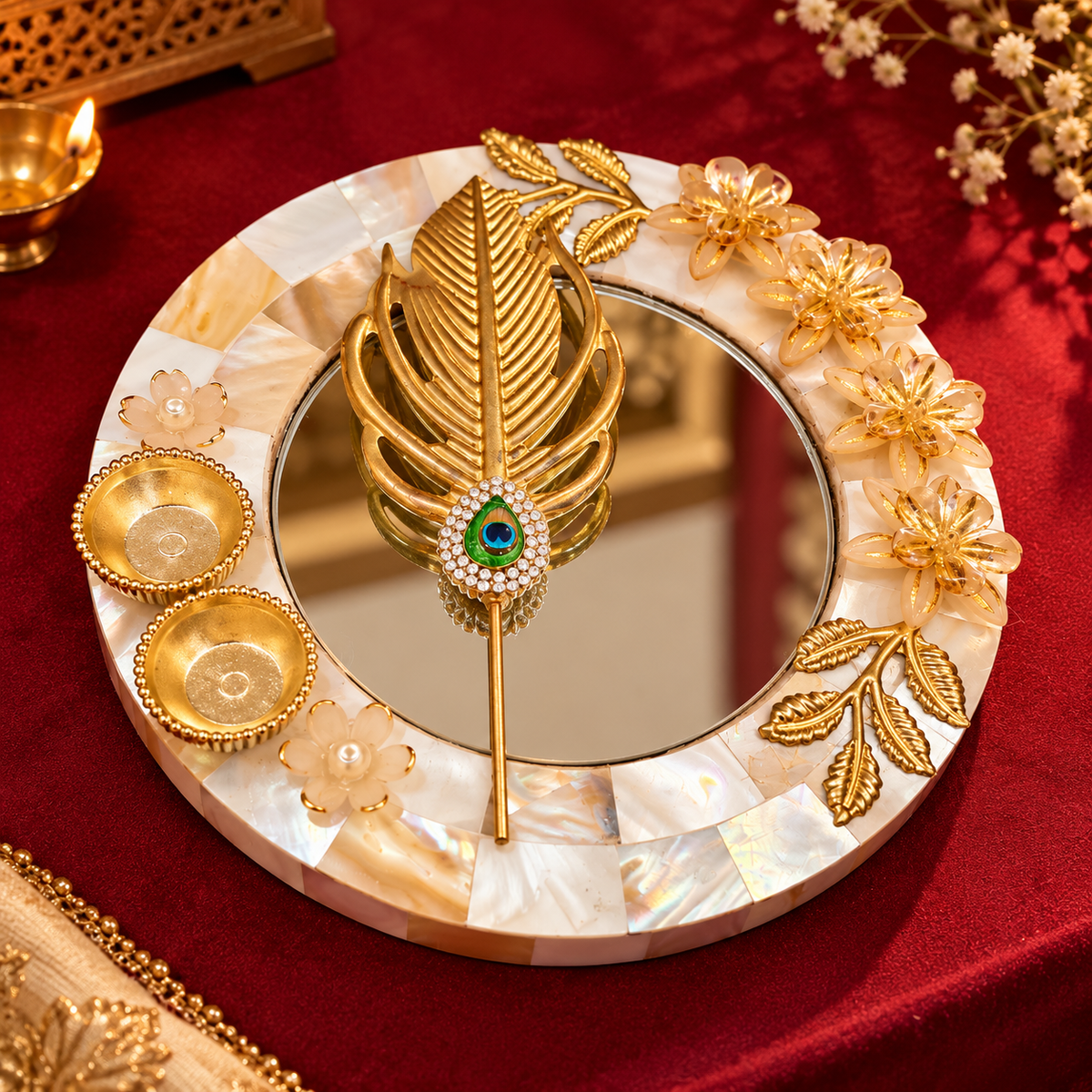 Sajja Kreation Decorative Tilak Platter with Mirror, Peacock Applicator & Kumkum Bowls
