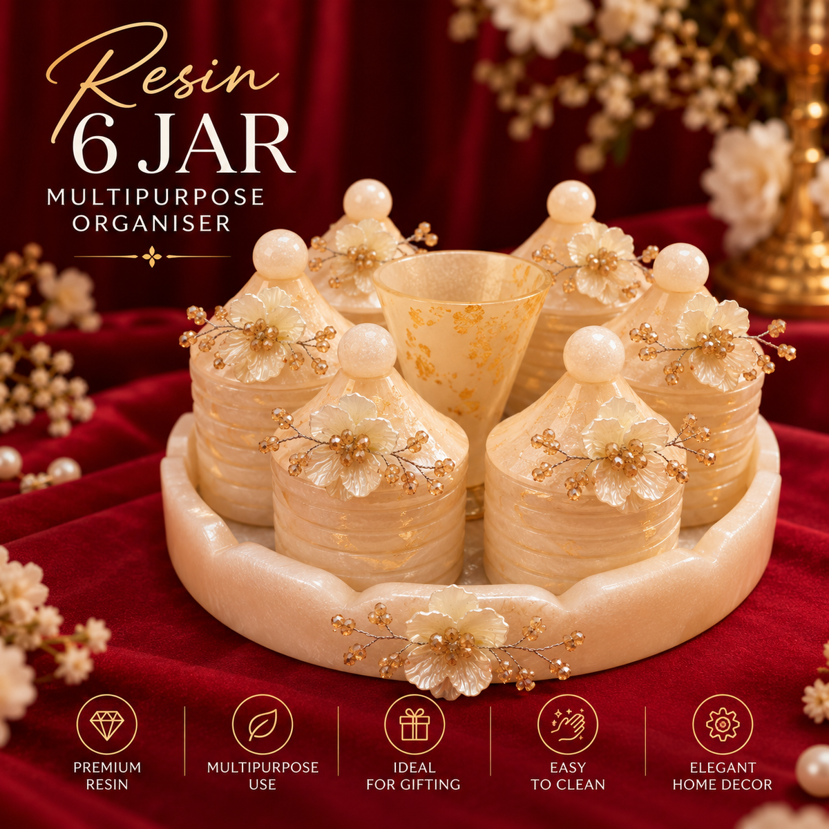 Handcrafted Resin 6 Jar Multipurpose Organiser Set with Decorative Tray |Sajja Kreation