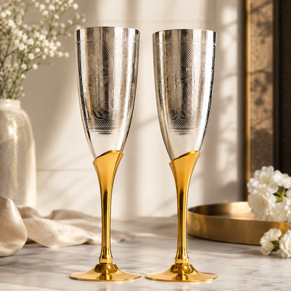 SAJJA KREATION German Silver Champagne Glass Set of 2 | Floral Engraved Silver Finish with Golden Stem | Premium Decorative Stemware for Home, Gifting & Celebrations