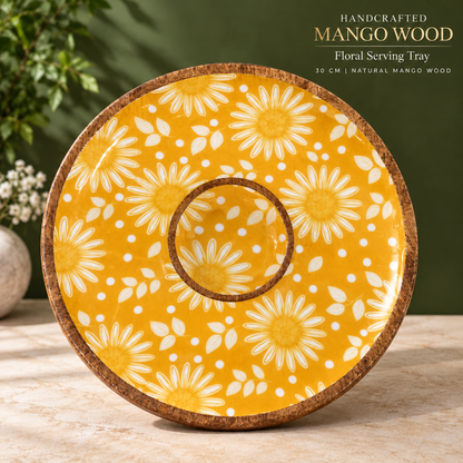Handcrafted Mango Wood Centre Dip Serving Platter with Floral Print.