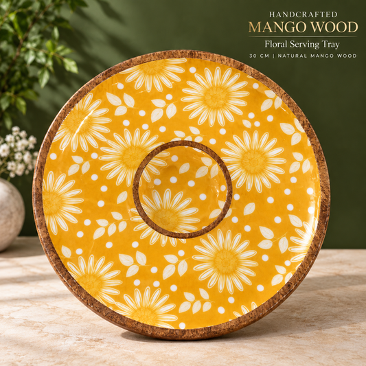 Handcrafted Mango Wood Centre Dip Serving Platter with Floral Print.