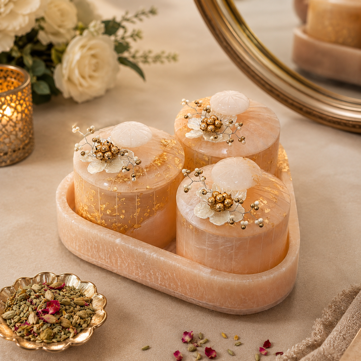Premium Golden Foil Resin 3-Piece Storage Jar Set with Decorative Tray