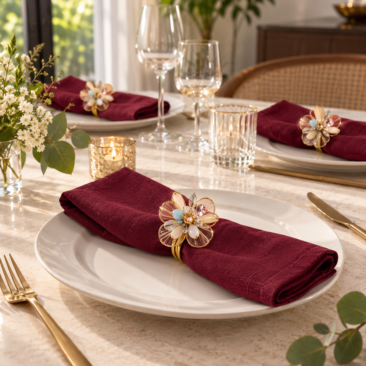Sajja Kreation Blush Bloom Floral Napkin Rings with Beaded & Gold-Tone Detailing – Set of 6
