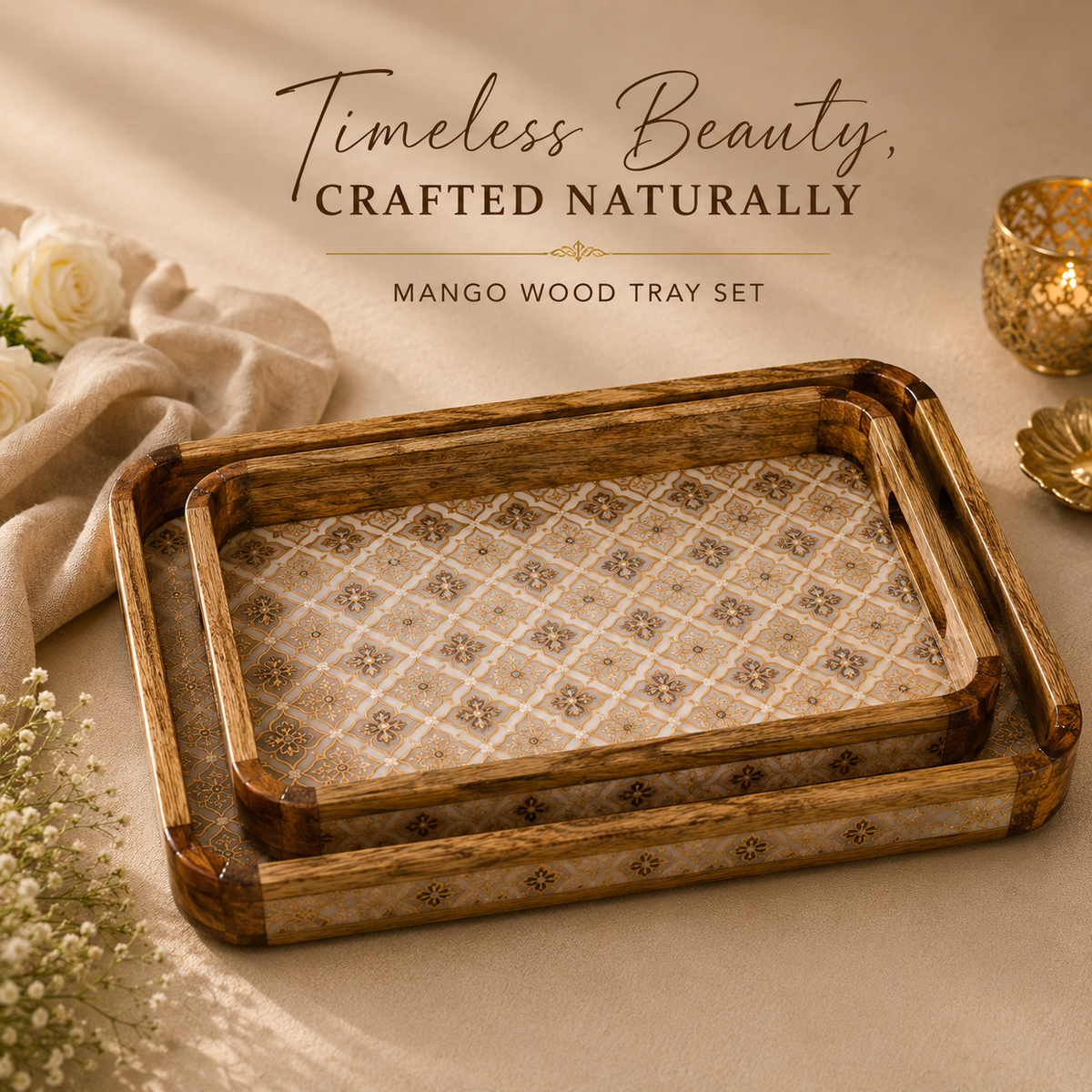 Luxury Mango Wood Serving Tray with Elegant Floral Design