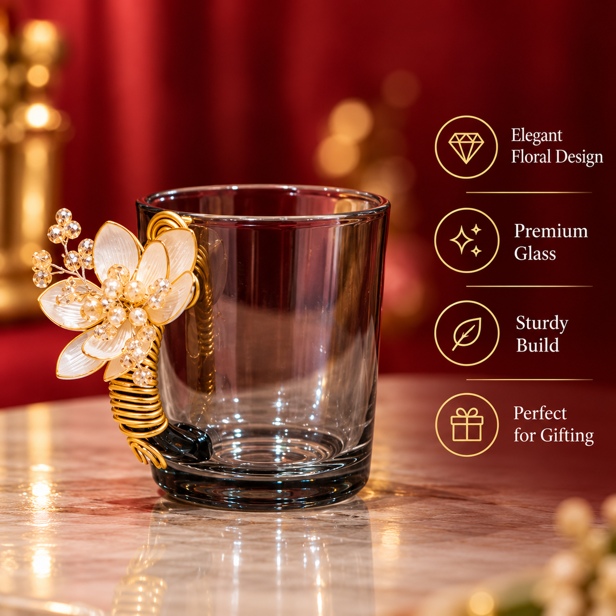 Golden Bloom Tea Cup Set – 6 Glass Cups with Wooden Serving Tray & Drawer