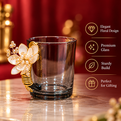 Golden Bloom Tea Cup Set – 6 Glass Cups with Wooden Serving Tray & Drawer