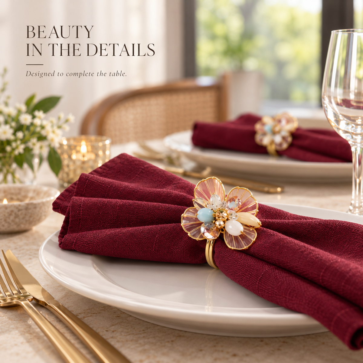 Sajja Kreation Blush Bloom Floral Napkin Rings with Beaded & Gold-Tone Detailing – Set of 6