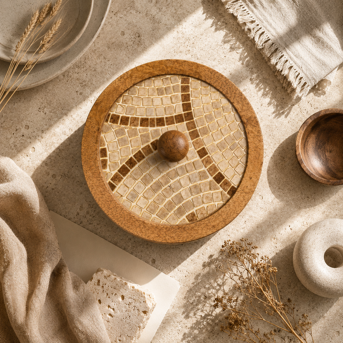 Mango Wood Roti Box with Floral Printed Lid