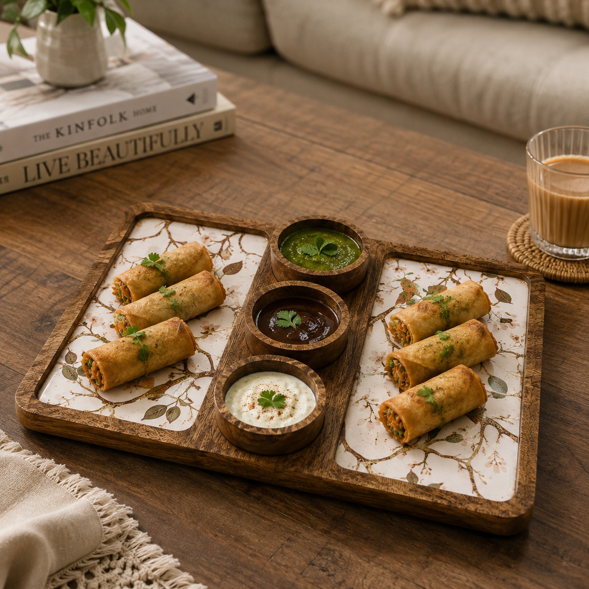 Handcrafted Mango Wood Serving Tray with 3 Bowls