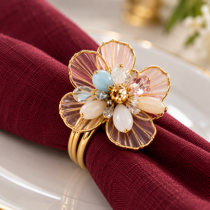 Sajja Kreation Blush Bloom Floral Napkin Rings with Beaded & Gold-Tone Detailing – Set of 6