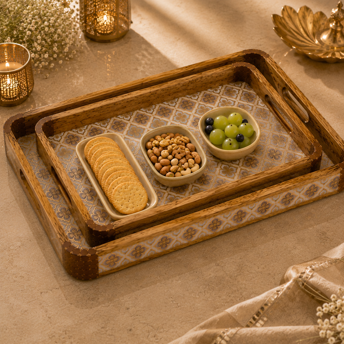 Luxury Mango Wood Serving Tray with Elegant Floral Design