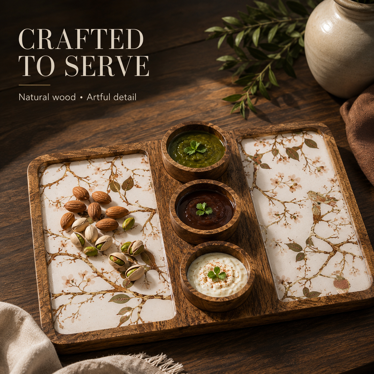 Handcrafted Mango Wood Serving Tray with 3 Bowls