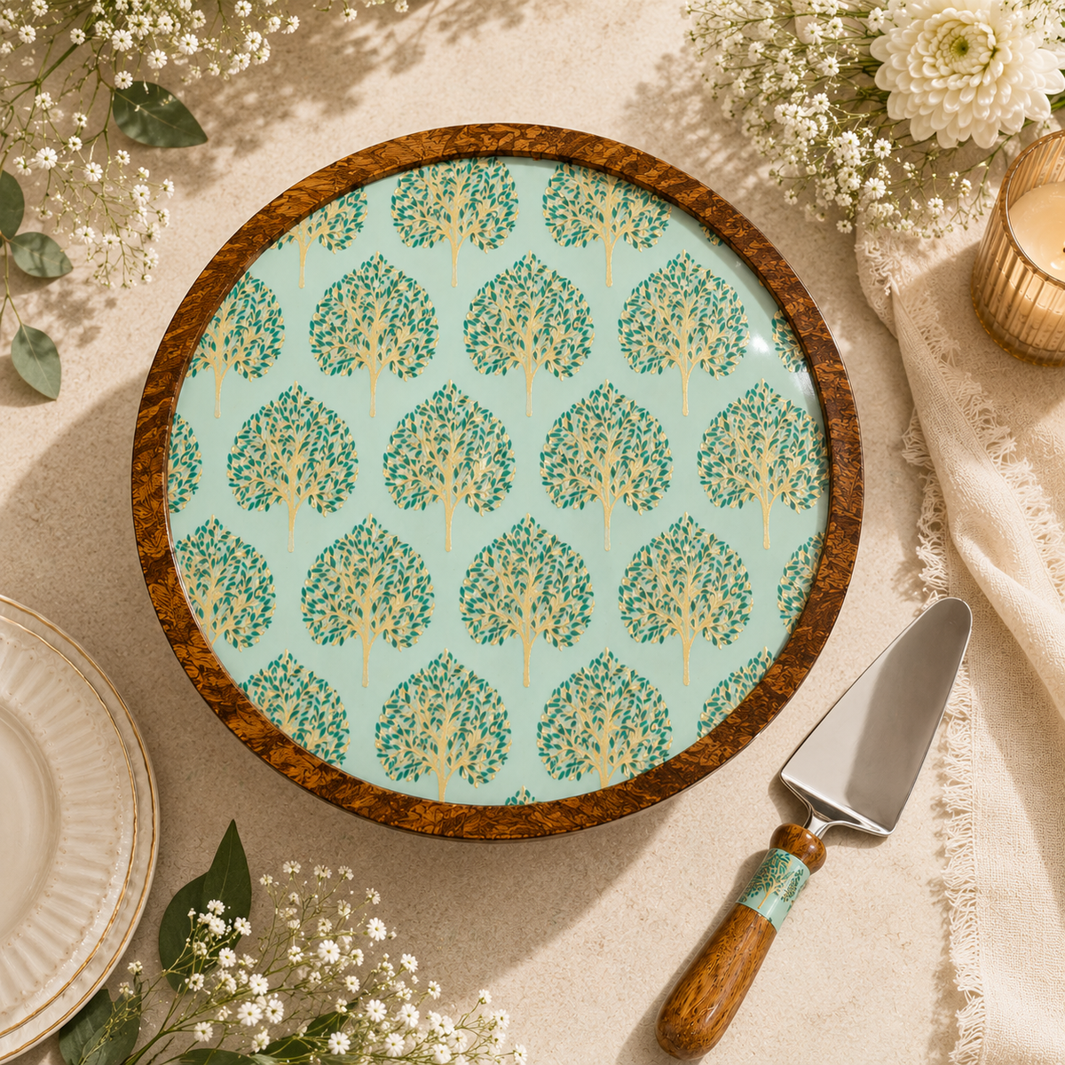Mango Wood Cake Stand with Cake Spatula