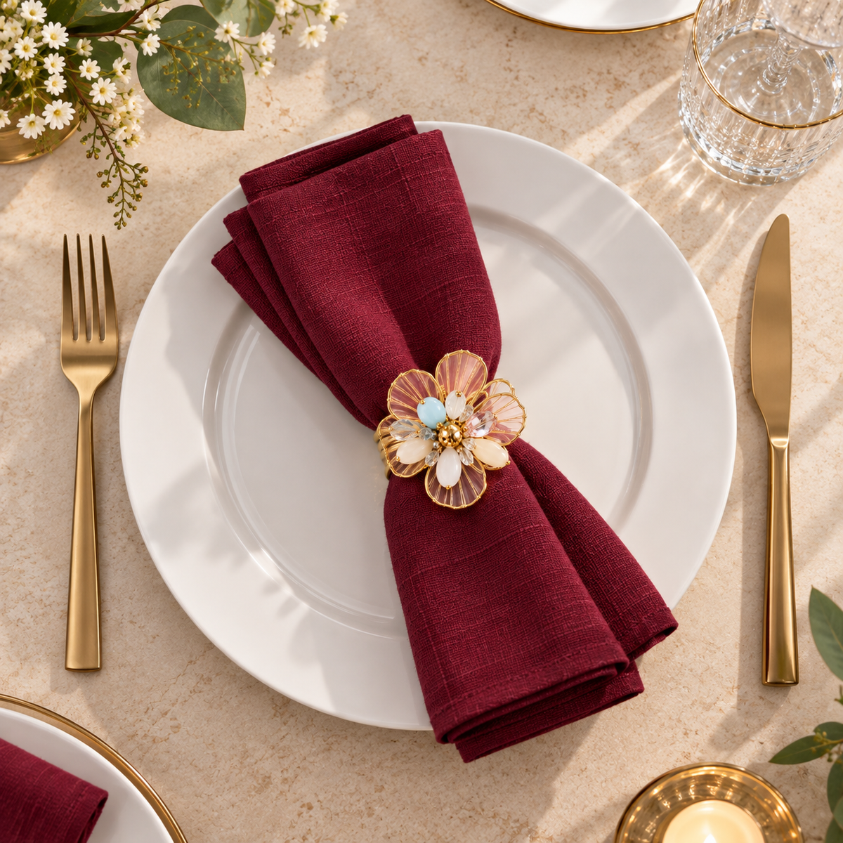 Sajja Kreation Blush Bloom Floral Napkin Rings with Beaded & Gold-Tone Detailing – Set of 6