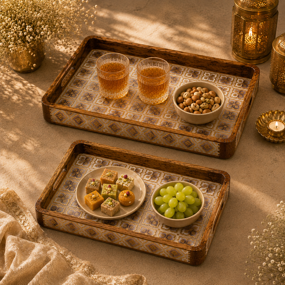 Luxury Mango Wood Serving Tray with Elegant Floral Design