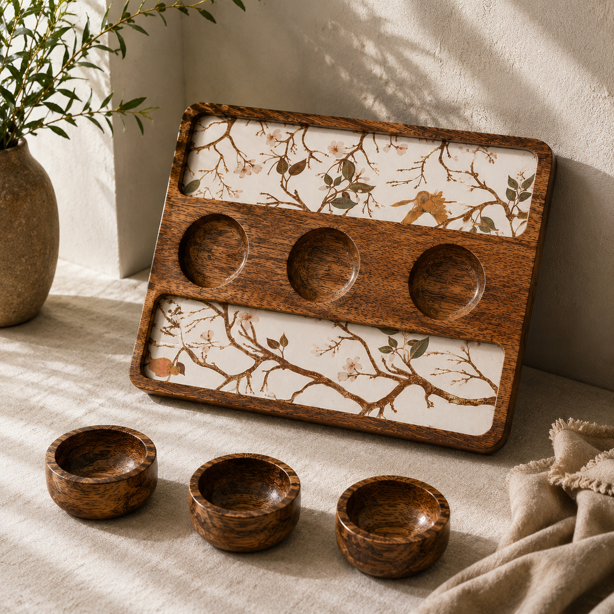 Handcrafted Mango Wood Serving Tray with 3 Bowls