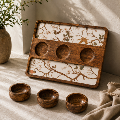 Handcrafted Mango Wood Serving Tray with 3 Bowls