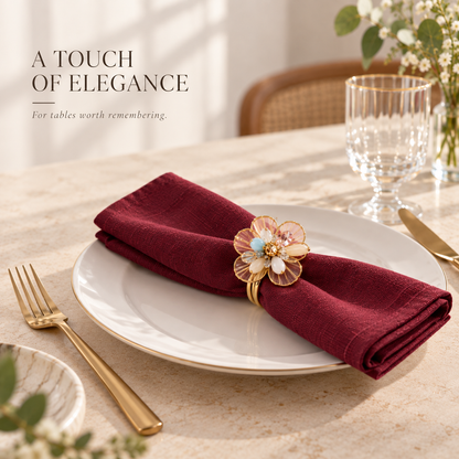 Sajja Kreation Blush Bloom Floral Napkin Rings with Beaded & Gold-Tone Detailing – Set of 6