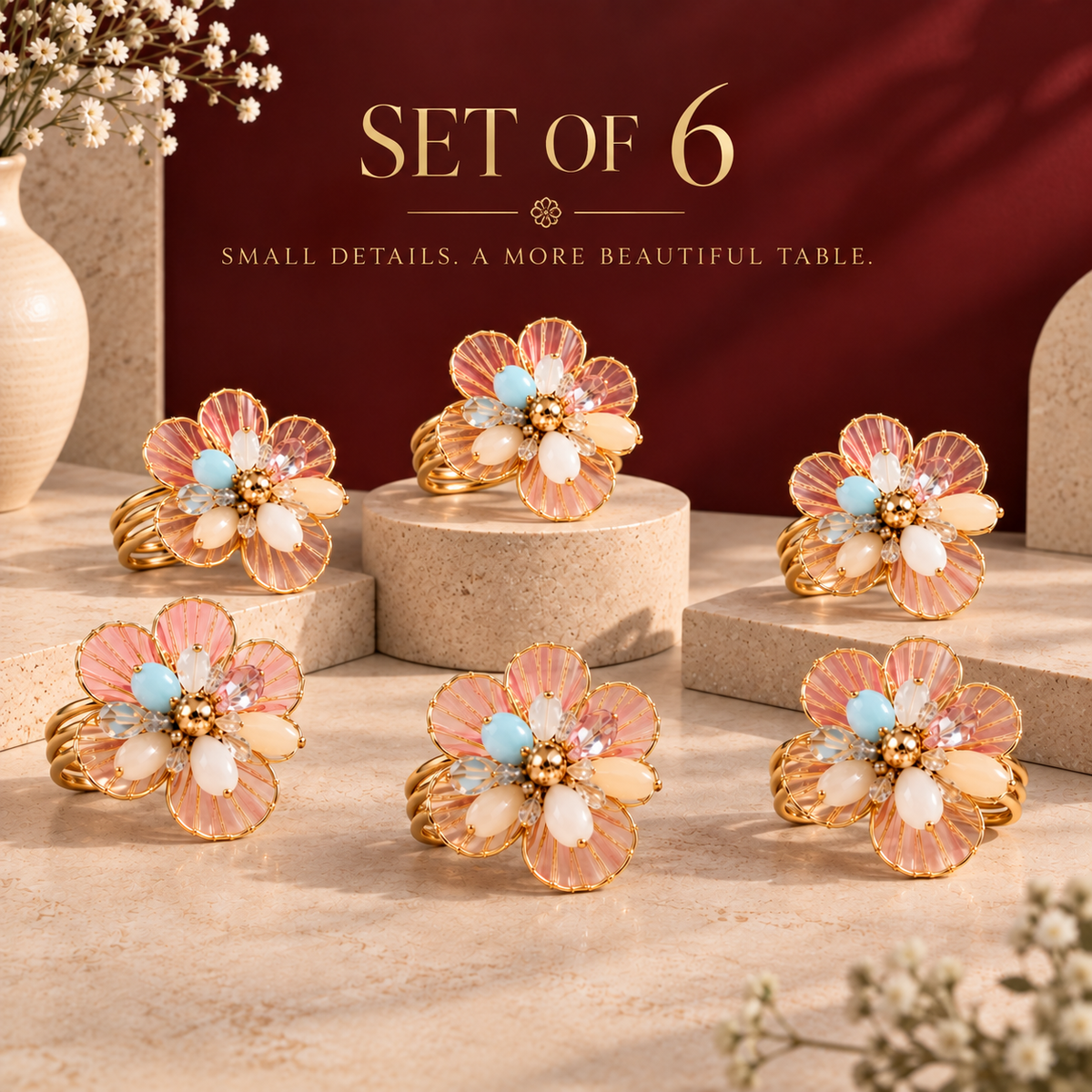 Sajja Kreation Blush Bloom Floral Napkin Rings with Beaded & Gold-Tone Detailing – Set of 6