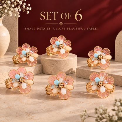 Sajja Kreation Blush Bloom Floral Napkin Rings with Beaded & Gold-Tone Detailing – Set of 6