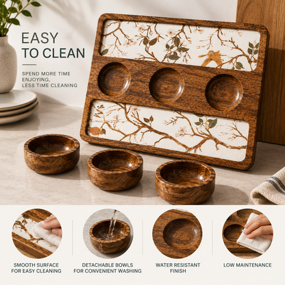 Handcrafted Mango Wood Serving Tray with 3 Bowls