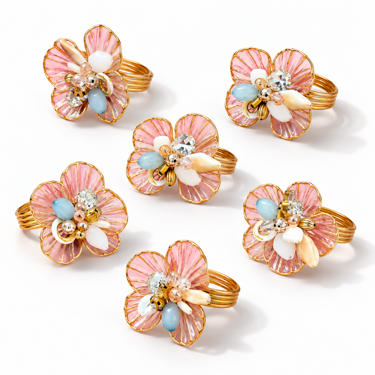 Sajja Kreation Blush Bloom Floral Napkin Rings with Beaded & Gold-Tone Detailing – Set of 6