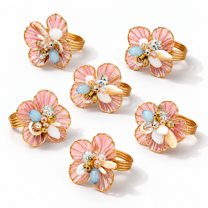Sajja Kreation Blush Bloom Floral Napkin Rings with Beaded & Gold-Tone Detailing – Set of 6