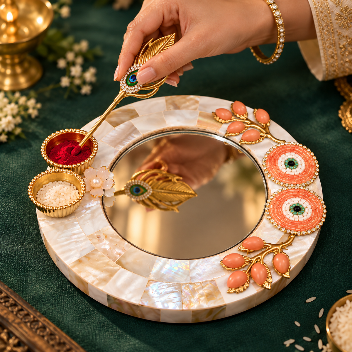 Sajja Kreation Decorative Tilak Platter with Mirror, Peacock Applicator & Kumkum Bowls